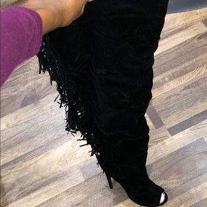 Over the knee black fringey boots
